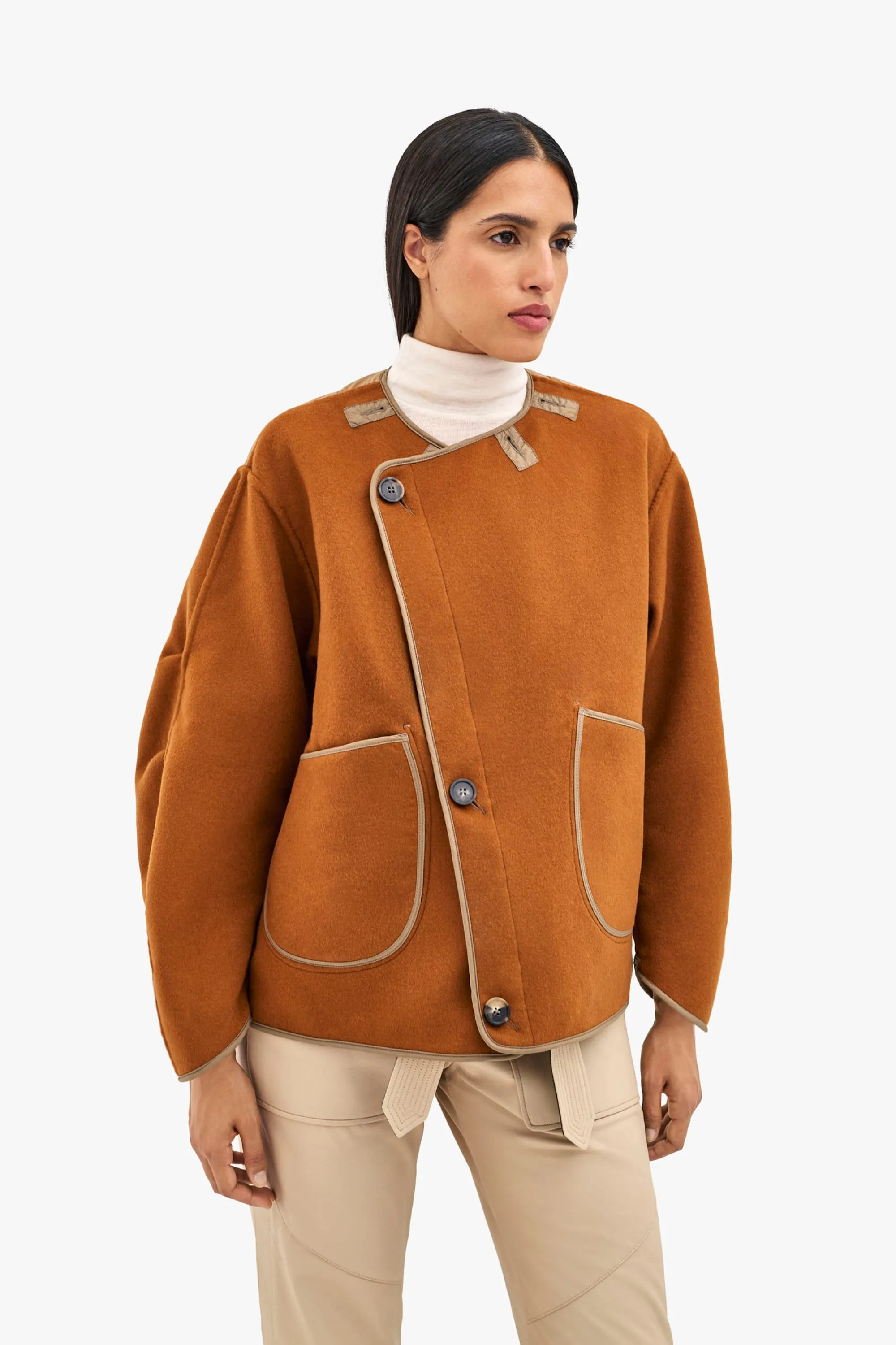 Wool Cropped Peacoat - Camel / Sienna