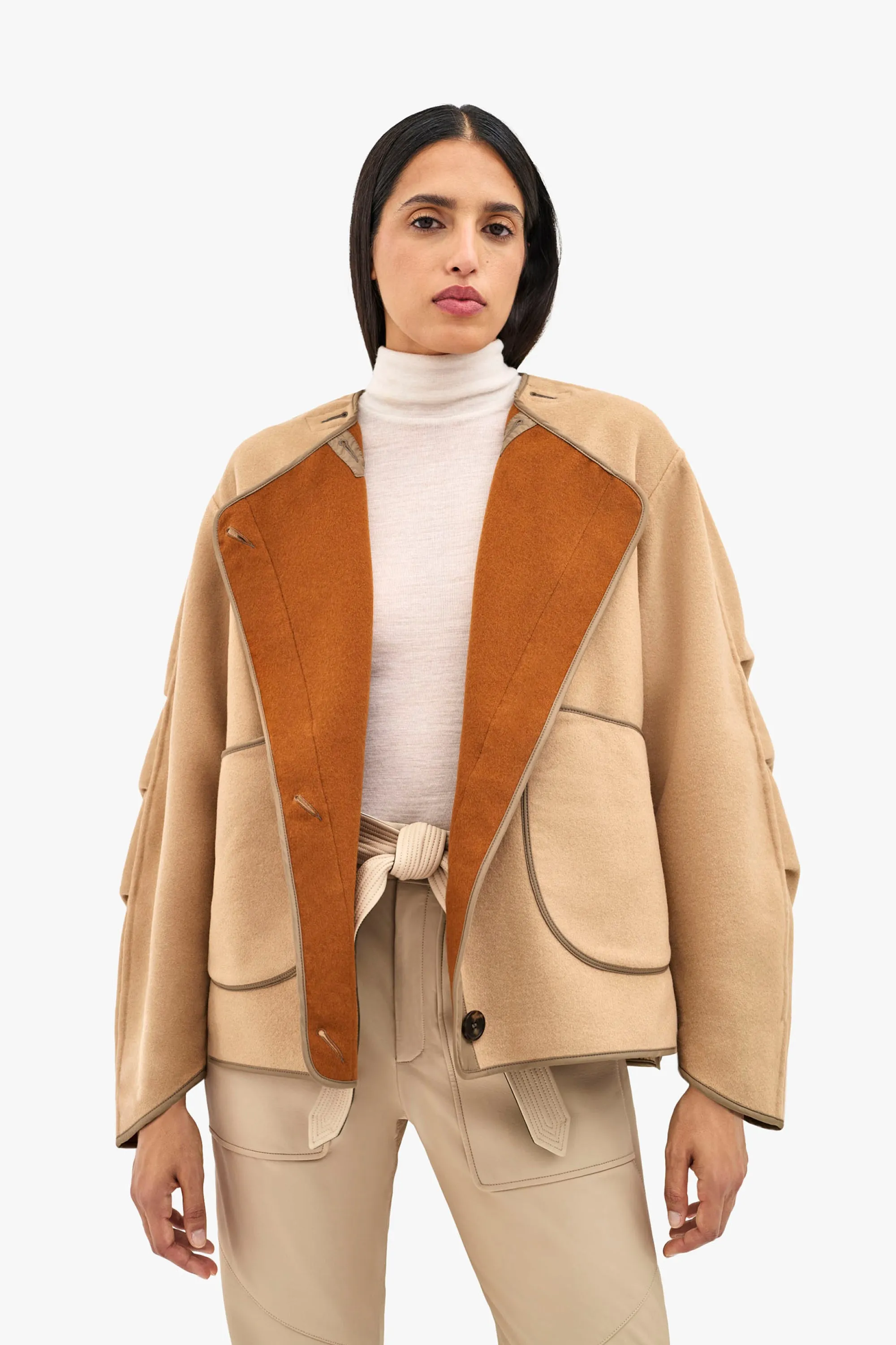 Wool Cropped Peacoat - Camel / Sienna