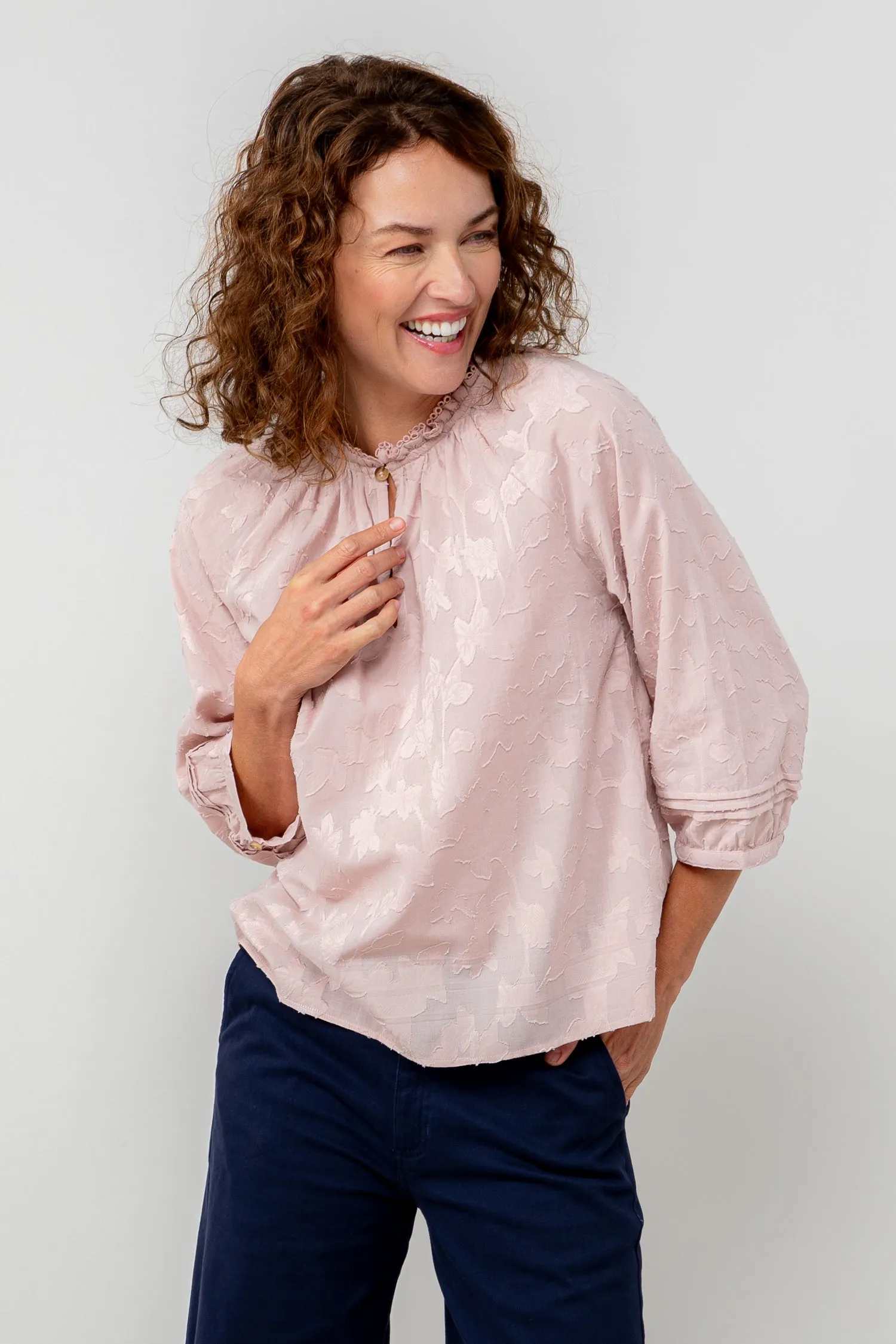 Zoe Cotton Jacquard Keyhole Neck Blouse