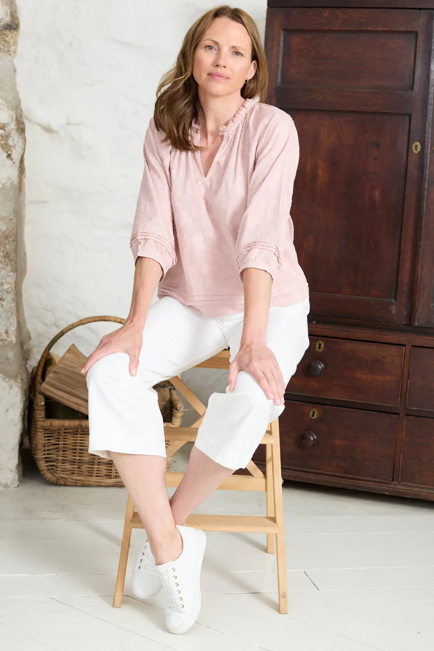 Zoe Cotton Jacquard Keyhole Neck Blouse